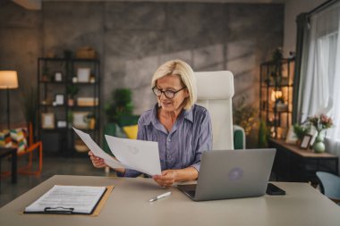 Evde çalışan olgun yaşlı kadınlar dizüstü bilgisayar kullanır ve belgeleri saklarlar.