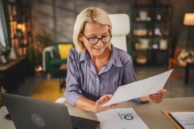 Evde çalışan olgun yaşlı kadınlar dizüstü bilgisayar kullanır ve belgeleri saklarlar.