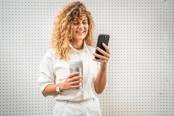 stock image Portrait of adult woman stand and use mobile phone