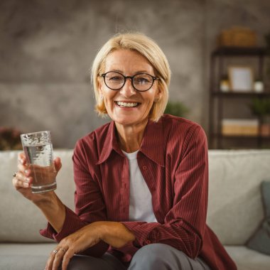 Güzel olgun yaşlı bir kadının portresi otur ve elinde bir bardak su tut.