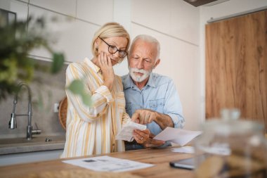 Ciddi sinirli yaşlı çift, iç hesapları ödemek için faturaları hesaplıyor.