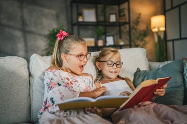 İki genç kız, kız kardeşler kanepede oturup ders çalışırlar, evde birlikte kitap okurlar.