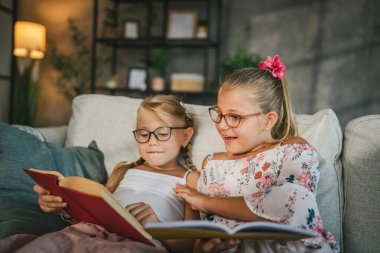 İki genç kız, kız kardeşler kanepede oturup ders çalışırlar, evde birlikte kitap okurlar.