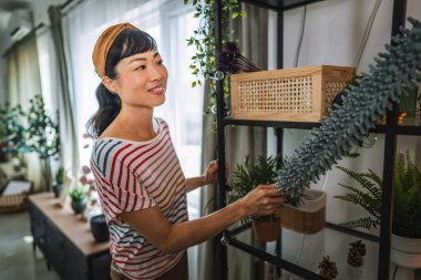 Olgun Japon kadın mikrofiber tozla tozları temizler ev işleri yapar.