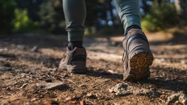 Bu görüntü, kayalık ve kirli bir yolda yürüyen, engebeli arazi ve açık hava macerasını vurgulayan, yürüyüş botları giyen, kimliği belirsiz bir adamın yakın görüntüsünü yakalıyor.