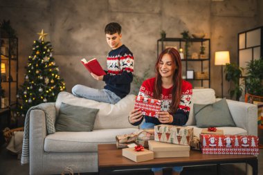 Genç kadın Noel hediyesini şenlikli süslerle kanepeye sararken genç adam arkasında durup kitap okuyor.