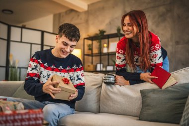 Kız arkadaşı konuşur ve erkek arkadaşına destek olur. O da Noel hediyesini evdeki kanepeye sarar.