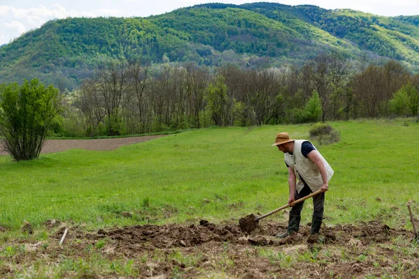 Farmer Shovel Diligently Digging Piece Land Countryside Surrounded Meadows Preparing — Stock Photo, Image