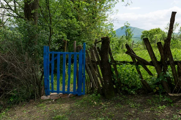 Vintage Fence Rural Estate Freshly Painted Blue Garden Gates Spring — Stock Photo, Image