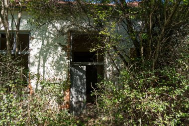 Son derece eski bir bina, şimdi harabe halinde, yoğun bitki örtüsüyle kaplanmış bir yaz günü. Bina, çalılıkların arasında neredeyse tanınmayacak halde kırılmış kapı ve pencerelere sahip.