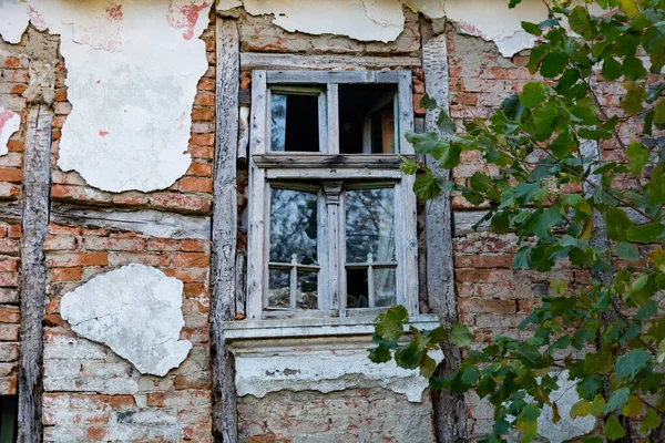 Kırık camlı, yıpranmış bir evde kırmızı tuğlalar ve kirişler ortaya çıkaran klasik yeşil bir pencere. Kırsalda kırsal bir sonbahar günü.