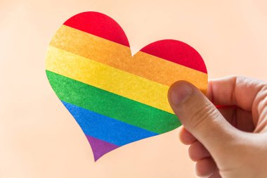 Elinde gökkuşağı renginde kağıt bir kalp ya da Pembe arka planda LGBT bayrakları, yakın plan