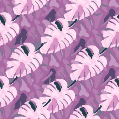 Soyut canavar, tropik ve pürüzsüz desenler bırakır. Yağmur ormanı geçmişi. Yaratıcı palmiye yaprağı sonsuz duvar kağıdı. Egzotik Hawaii orman arka planı. Kumaş, tekstil baskısı, ambalaj, kapak için tasarım