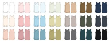 Set of onesie with a crossover neckline. Baby sleeveless body wear mockup. Infant tank top technical sketch collection. Children bodysuit bundle. Underwear outline. Front and back. CAD fashion design
