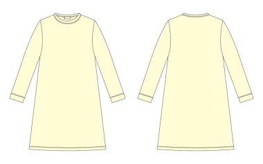 Nightdress technical sketch. Cotton chemise for children. Yellow color. Nightgown vector illustration. Back and front view. Design for packaging, fashion catalog