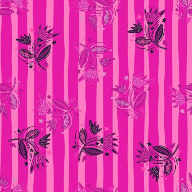 Çiçekler ve yapraklarla kusursuz desen. Soyut çiçek duvar kâğıdı. Halk tarzı. Saf sanat. Kumaş, tekstil baskısı, yüzey, ambalaj, kapak, tebrik kartı için tasarım. Vektör illüstrasyonu