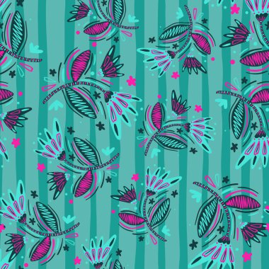 Çiçekler ve yapraklarla kusursuz desen. Soyut çiçek duvar kâğıdı. Halk tarzı. Saf sanat. Kumaş, tekstil baskısı, yüzey, ambalaj, kapak, tebrik kartı için tasarım. Vektör illüstrasyonu