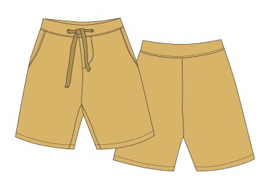 Technical sketch sport shorts pants design. Desert sand color. Boy clothes template. Casual style. CAD mockup. Back and front view. Design for packaging, fashion catalog. Vector illustration