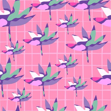 Soyut avuç içleri tropik ve pürüzsüz izler bırakır. Yaratıcı yaprak sonsuz duvar kağıdı. Egzotik Hawaii orman arka planı. Yağmur ormanı geçmişi. Kumaş, tekstil baskısı, ambalaj, kapak için tasarım