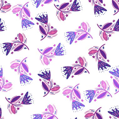 Çiçekler ve yapraklar halk tarzında kusursuz desen. Saf sanat. Soyut çiçek duvar kâğıdı. Kumaş, tekstil baskısı, yüzey, ambalaj, kapak, tebrik kartı için tasarım. Vektör illüstrasyonu