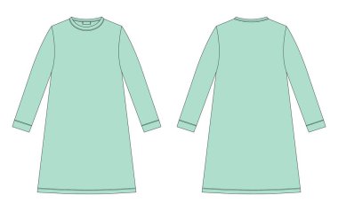 Nightdress technical sketch. Cotton chemise for children. Mint color. Nightgown vector illustration. Back and front view. Design for packaging, fashion catalog