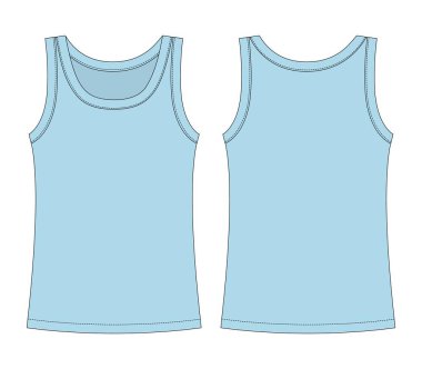 Sleeveless tank top technical sketch. Children girl outline t shirt underwear. Blue color. Back and front view. Front and back view. CAD fashion design. Vector illustration