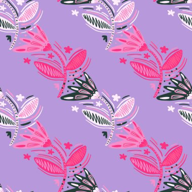 Çiçekler ve yapraklar halk tarzında kusursuz desen. Saf sanat. Soyut çiçek duvar kâğıdı. Kumaş, tekstil baskısı, yüzey, ambalaj, kapak, tebrik kartı için tasarım. Vektör illüstrasyonu