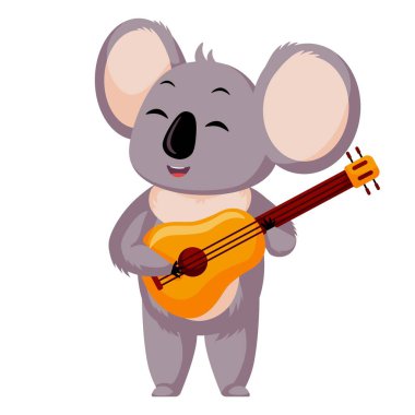 Cute Koala play in guitar isolated on white background. Cartoon character musican. Design of funny animals sticker for showing emotion. Vector illustration