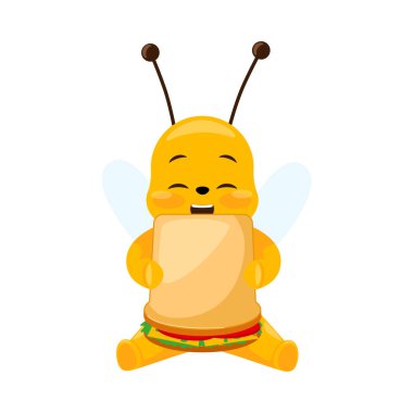 Cute bee eating sandwiches isolated on white background. Smiling cartoon character happy. Design of funny insect sticker for showing emotion. Vector illustration