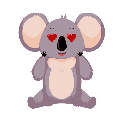 Fall in love koala isolated on white background. Cartoon character with hearts in eyes. Design of funny animals sticker for showing emotion. Vector illustration