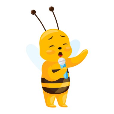 Cute bee signs isolated on white background. Smiling cartoon character performs with a microphone. Design of funny insect sticker for showing emotion. Vector illustration