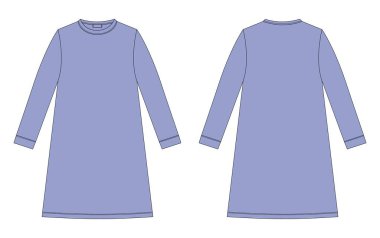 Nightdress technical sketch. Cotton chemise for children. Blue color. Nightgown vector illustration. Back and front view. Design for packaging, fashion catalog