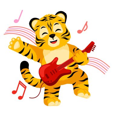 Little Tiger playing on electric guitar isolated. Cute character cartoon striped tiger musican. Vector design for print, children decor, book illustration. Funny animals sticker for showing emotion.