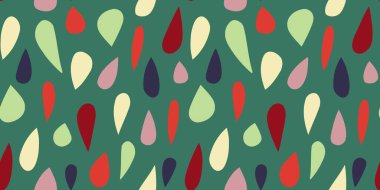 Hand drawn raindrops seamless pattern om green background. Water drops wallpaper. Doodle rain backdrop. Scandinavian style. Design for fabric, textile print, wrapping, cover. Vector illustration