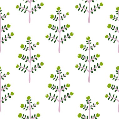 Hand drawn a sprig with berries seamless pattern. Branch with leaves and berry wallpaper. Texture with doodle berries. Floral simple design for fabric, textile print, wrapping, cover, card