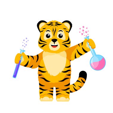 Little Tiger scientist isolated. Cute character cartoon striped tiger teacher chemistry. Vector design for print, children decor, book illustration. Funny animals sticker for showing emotion.