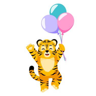 Little chef Tiger with balloons isolated. Cute character cartoon striped tiger party of birthday. Vector design for print, children decor, book illustration. Funny animals sticker for showing emotion.