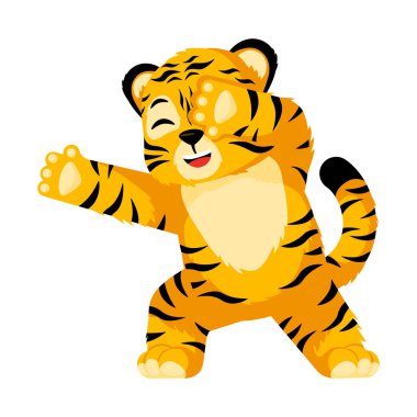 Cute little Tiger dabbing character isolated. Happy club cartoon striped tiger dancing. Vector design for print, children decor, book illustration. Funny animals sticker for showing emotion.
