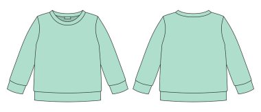 Technical sketch sweatshirt. Kids wear jumper design template. Mint color. Front and back view. Front and back view. CAD fashion design