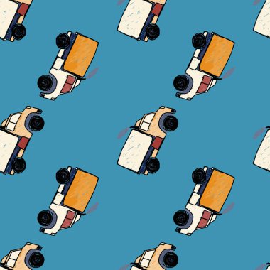 Cute truck car seamless pattern. Kids hand drawn automobile background. Transport wallpaper. Doodle style. Design for fabric, textile print, wrapping, cover. Vector illustration