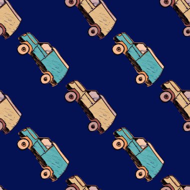 Cute SUV car seamless pattern. Kids hand drawn automobile background. Doodle boy transport wallpaper. Design for fabric, textile print, wrapping, cover. Vector illustration