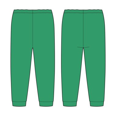 Children's pants technical sketch. Green color. Kids home wear trousers design template isolated. Front and back view. CAD fashion vector illustration