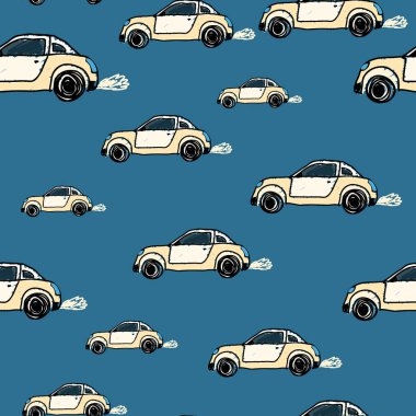Cute sportcar seamless pattern. Transport wallpaper. Kids hand drawn automobile background. Doodle style. Design for fabric, textile print, wrapping, cover. Vector illustration