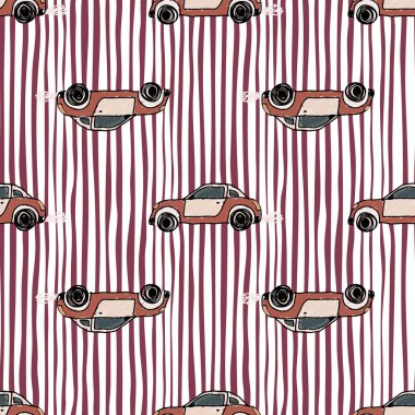 Cute sportcar seamless pattern. Transport wallpaper. Kids hand drawn automobile background. Doodle style. Design for fabric, textile print, wrapping, cover. Vector illustration
