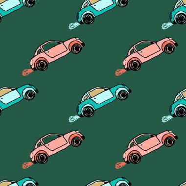 Cute sportcar seamless pattern. Transport wallpaper. Kids hand drawn automobile background. Doodle style. Design for fabric, textile print, wrapping, cover. Vector illustration