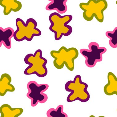 Abstract contemporary primitive figures seamless pattern. Fun doodle clouds background. Creative artistic shapes wallpaper. Primitive elements backdrop.