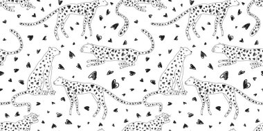 Hand drawn cute leopard and hearts seamless pattern. Doodle cheetah endless wallpaper. Design for fabric, textile, wrapping, illustration