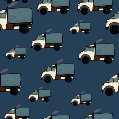 Cute truck car seamless pattern. Kids hand drawn automobile background. Transport wallpaper. Doodle style. Design for fabric, textile print, wrapping, cover. Vector illustration
