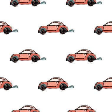 Cute sportcar seamless pattern. Transport wallpaper. Kids hand drawn automobile background. Doodle style. Design for fabric, textile print, wrapping, cover. Vector illustration