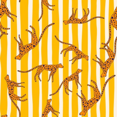 Hand drawn cute leopard seamless pattern. Doodle cheetah endless wallpaper. Wild animals background. Design for fabric, textile, wrapping, illustration